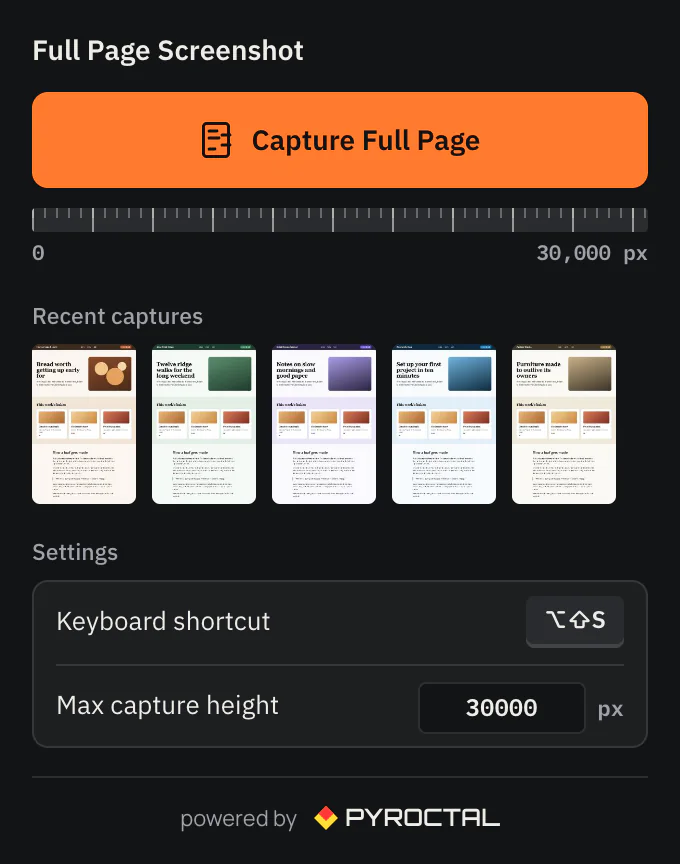 The Full Page Screenshot popup: the Capture Full Page button, a ruler from 0 to 30,000 px and five recent captures